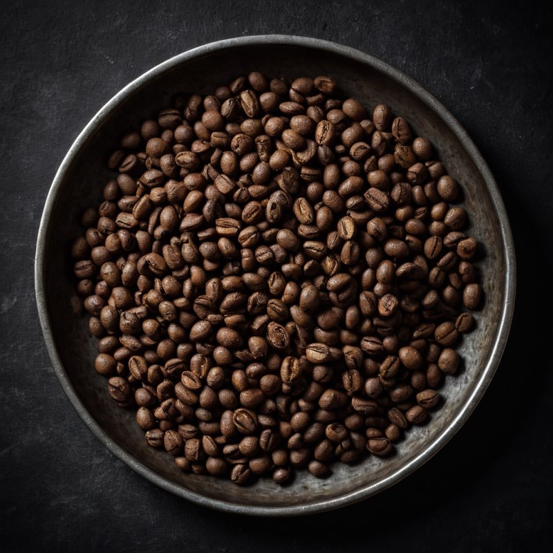 丸い金属のトレーの上で冷ましている、焙煎したてのコーヒー豆